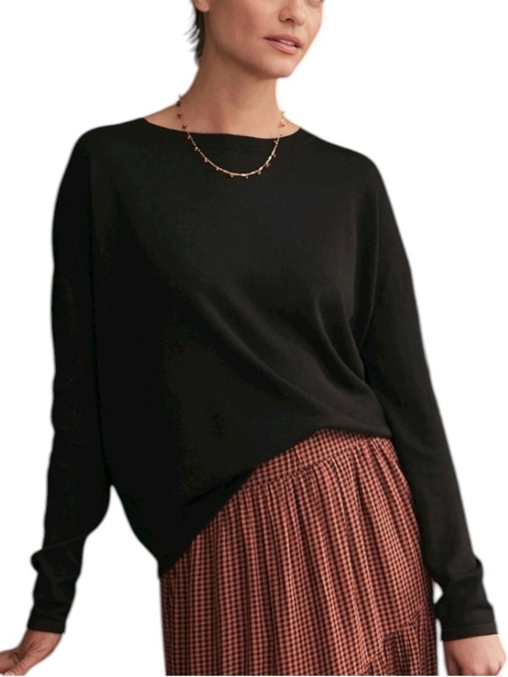 Garnet Hill Silk Cotton Boatneck Sweater Top Black XL Relaxed Oversized